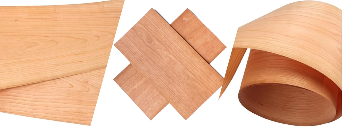 Close-up of American Cherry wood veneer showing elegant natural grain and warm reddish-brown texture.