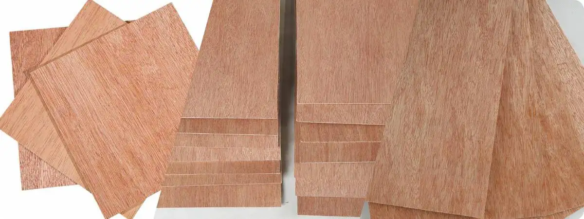 Close-up of Bintangor plywood surface, showing natural pink-red wood texture and cross-section