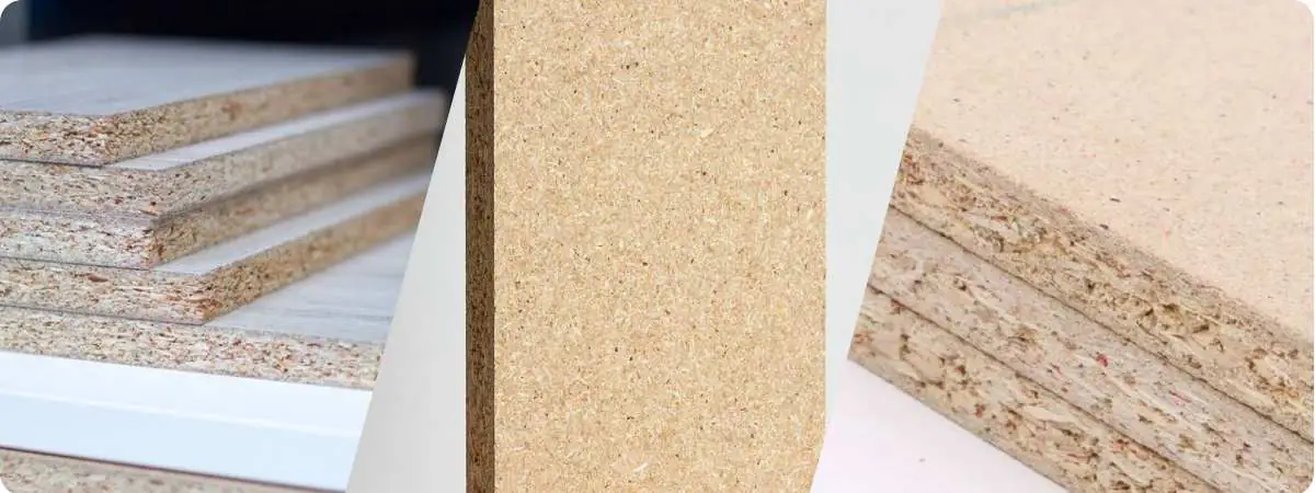 Gros plan sur un panneau de particules montrant la structure des particules de bois et le matériau de base composite.