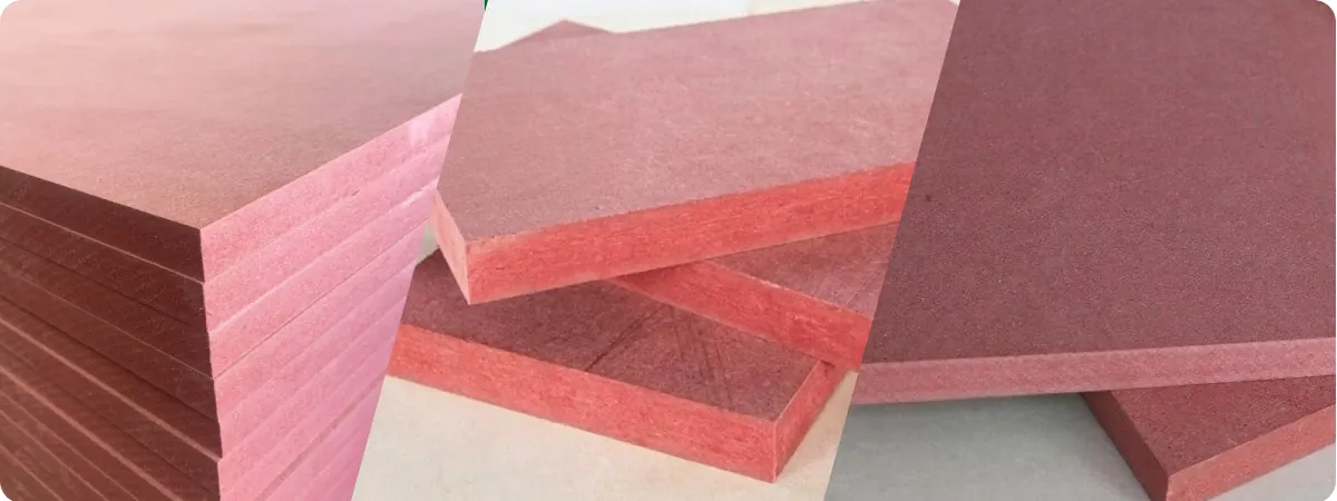 Close-up of FR MDF showing red fire retardant core and smooth engineered surface.