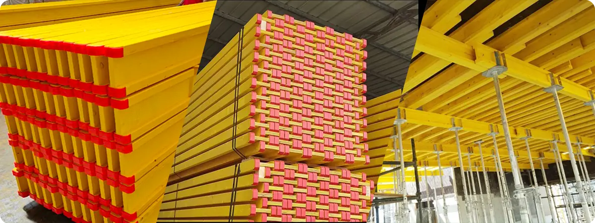 Close-up of H20 timber beam showing engineered wood structure and protective end cap.