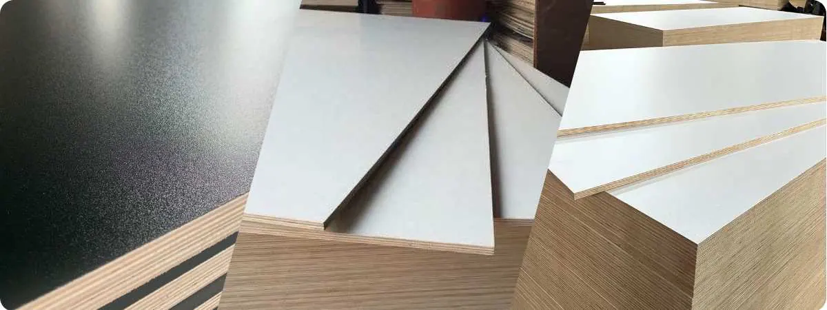 Close-up of matte melamine plywood showing smooth anti-glare surface and fine decorative texture.
