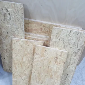 Detailed OSB panel texture highlighting compressed wood strands and strong structural composition.