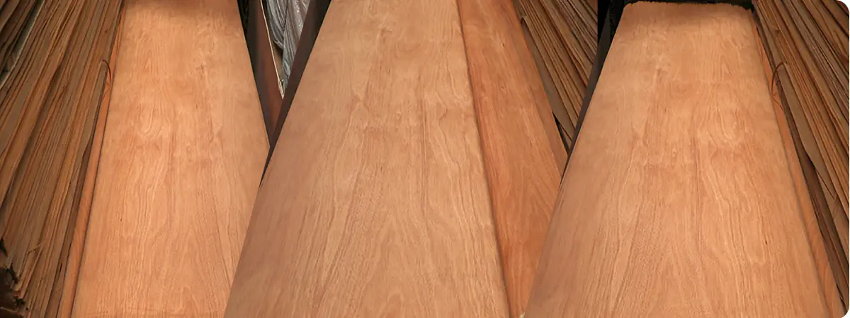 Close-up of PLB veneer showing natural wood grain and smooth decorative surface.