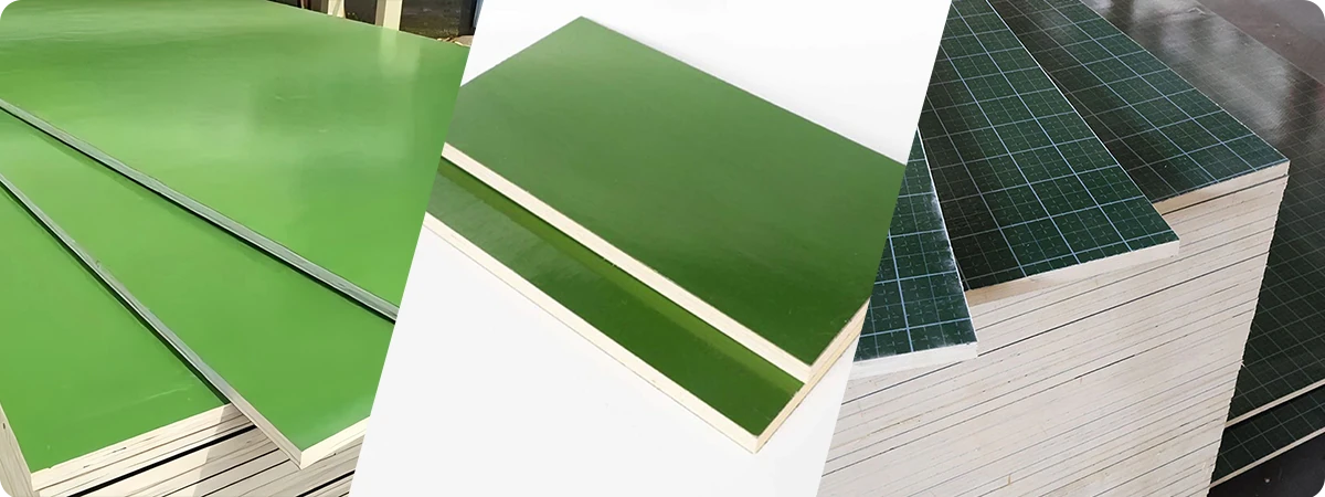 Close-up of PP film faced plywood showing smooth plastic-coated surface and strong plywood core.