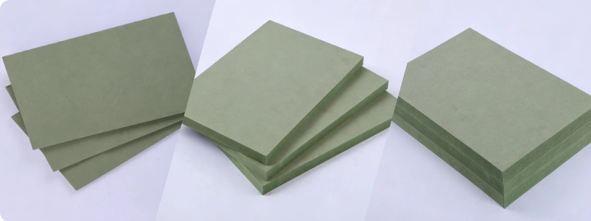 Close-up of MR MDF showing green moisture resistant core and smooth engineered surface.